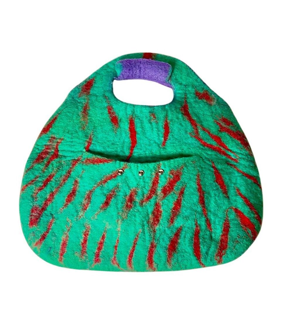Vibrant Handmade Wet Felted Wool Handbag in Teal, Rustic Red & Purple with Studs